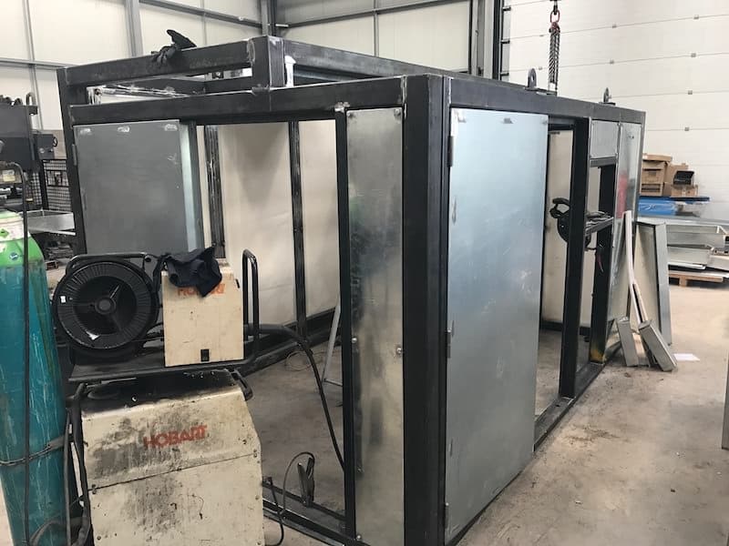 The Acoustic enclosure under construction in the factory showing the steel work