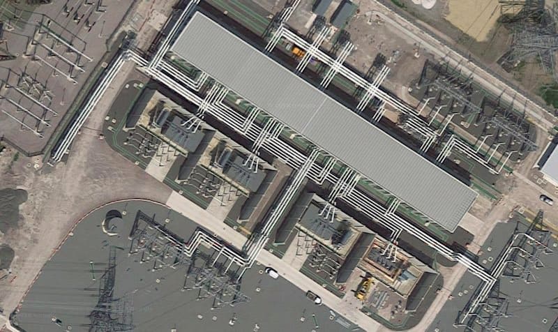 Close up aerial view of Connahs Quay substation