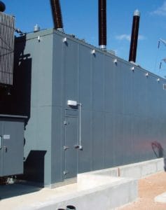 Close up of completed Sheringham Shoal Offshore windfarm transformer acoustic enclosure
