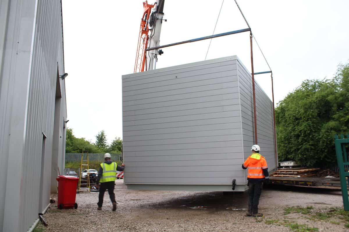 The lift underway for the acoustic plant room on its way to aberdeen